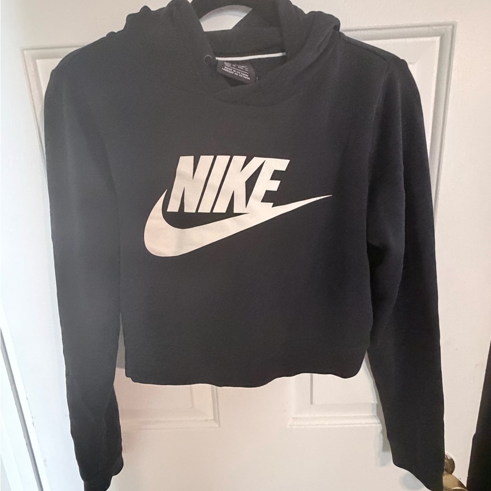 Nike Women's Cropped Black Hoodie with White Logo